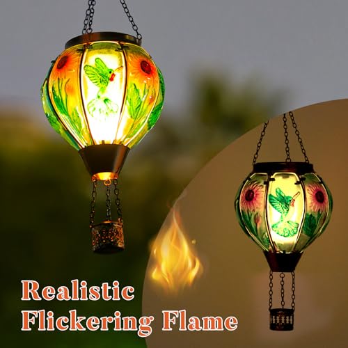 Hummingbird and Sunflower Solar Hot Air Balloon Lantern with Flame, Glass Hot Air Balloon Solar Lantern Outdoor Waterproof, Hanging Solar Lantern for Outside Garden Patio Tree Porch Yard - color: Green