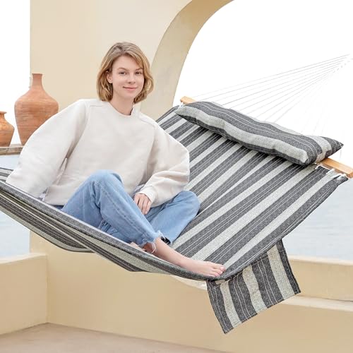 GAFETE Hammock 2 Person Quilted Fabric Hammocks for Outside, Double 12ft Hammocks with Spreader Bar, Large Removable Pillow, Storage Bag, Carabiners, Max 475 lbs Capacity (Mountain Mist Gray) - color: Mountain Mist Gray