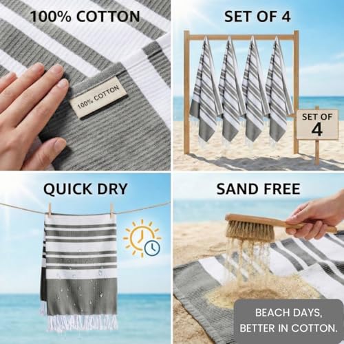 Turkish Beach Towels Set of 4 - Oversized Cotton Beach Towels 40X70 inch - Sand Free Quick Dry Beach Blanket for Adults - Extra Large Towels for Beach Bath Pool Yoga Travel - Grey - color: Grey, size: 4 Pack