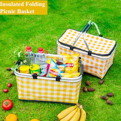 2 Packs Insulated Collapsible Picnic Basket with Picnic Mat 25L Large Capacity Leak-Proof Collapsible Cooler Bag for Outdoor Activities, Beach, Camping, Market Shopping,Travel