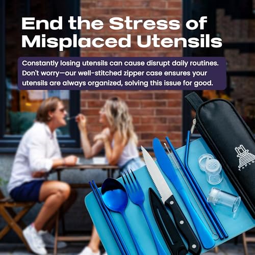 Taplord Portable Travel Silverware Set With Case, Includes 10 Pcs of Travel Utensils With Case, Stainless Steel Flatware Set For Camping, Lightweight (Blue) - color: Blue, size: 10 Pieces