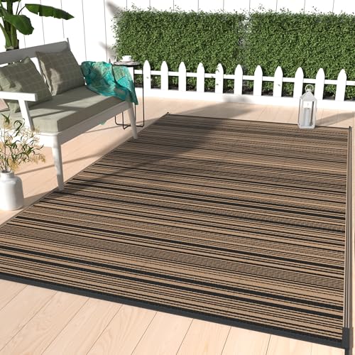 GENIMO Outdoor Rug 9x12 ft Waterproof, Reversible Plastic Straw Patio Rug for RV Camping Mat, Deck, Backyard Balcony Mat - Lightweight & Easy to Clean, BlackBrown - color: Blackbrown, size: 9' x 12' (Rectangular)