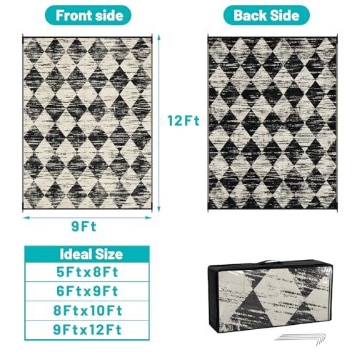 HEBE Checkered Outdoor Rug Waterproof 9x12, Reversible Plastic Straw Rug RV Camping Rug, Indoor Outdoor Patio Mat Clearance, Outside Carpet for Porch, Deck, Camper, Balcony, Backyard, Picnic - color: Beige/Black, size: 9' x 12' (Rectangular)