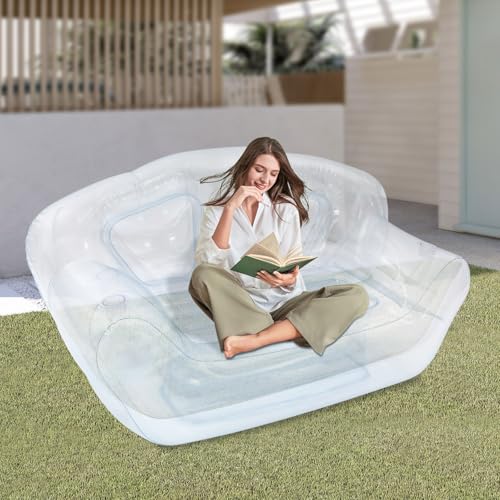 Portable Inflatable Couch with Headboard and Built-in Pump Blow Up Pull Out Couch Folding Inflatable Chair 70.9"×35.4"×37.4" Outdoor Air Sofa for Camping, Backyard, Beach, Party (Clear) - color: Clear