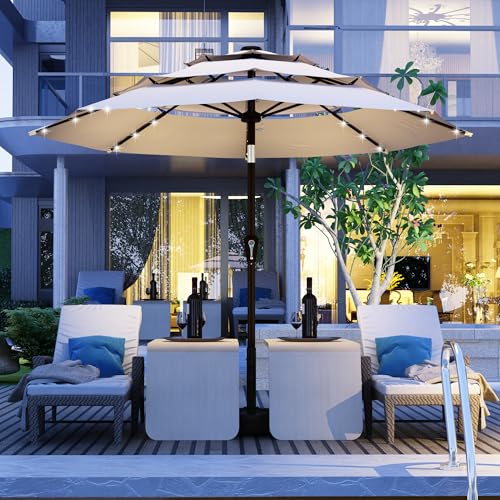 Kingdura 9ft 3-Tier Patio Umbrella with Solar Lights, Table Umbrella Outdoor Patio with Easy Crank & Tilt, 8 Sturdy Ribs, UV Protection, 32 LED Lights for Deck, Poolside, Market (Beige) - color: Beige-LED, size: 9 FT