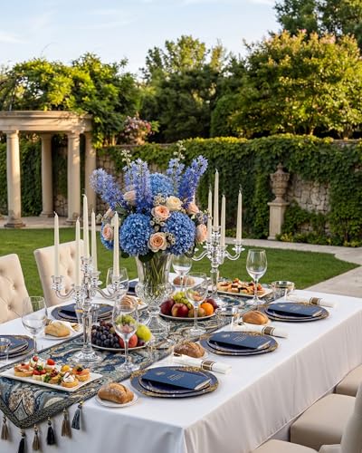Nervure 350Pcs Blue Plastic Plates - Blue Gold Plastic Dinnerware Sets for 50 Guests - 100 Navy Gold Disposable Plates, 50 Pre Rolled Silverware, 50 Cups Perfect for Wedding & Party - color: Navy Blue and Gold