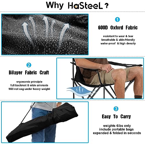 HaSteeL Foldable Camping Chair Set of 2, Folding Camp Chairs for Adults, Large Portable Lawn Chair for Outdoors Fishing, Hiking, Travel, Picnic, Beach, Supports 275lbs & Include Storage Bags (Black) - color: Black