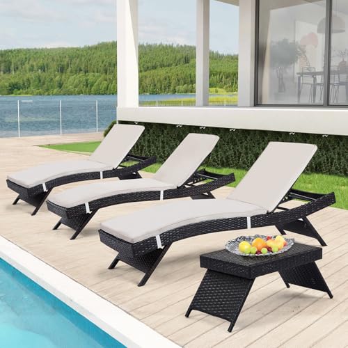 Outdoor Chaise Lounge Chairs + Coffee Table Set of 4 with Detachable Cushions, Pool Sunbathing Recliners PE Rattan Patio Loungers Wicker for Outside Porch Backyard Poolside Deck Porch - color: 3 Chairs + 3 Cushions + 1 Table