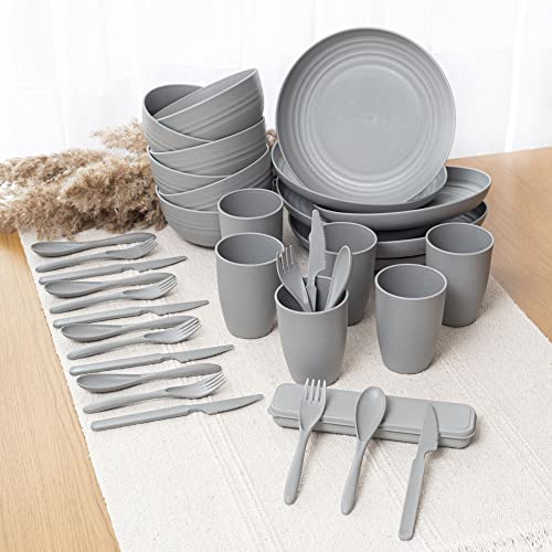 FOODLE Wheat Straw Dinnerware Set - BPA Free & Safety Certified - Unbreakable, Microwave & Dishwasher Safe - Dorm & RV Dishes - Camping Plates Cups and Bowls Set - Great for Kids & Adults - For 6 - color: Gray
