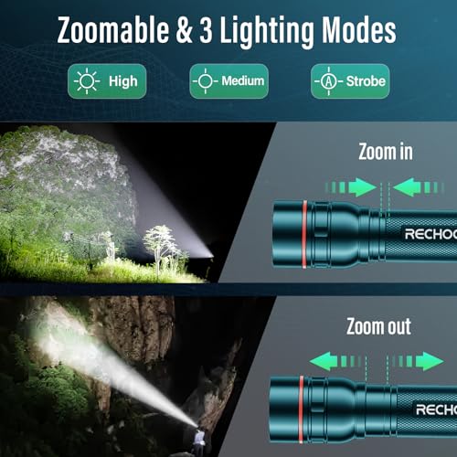 RECHOO Rechargeable Flashlight 2 Pack, Bright Military Grade Torch Light High Lumens with Adjustable Focus & 3 Lighting Modes, Lightweight Waterproof Led Flashlight for Camping Home, Teal Blue - color: Teal Blue, size: 2 Pack