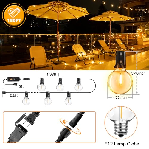 Outdoor String Lights 150FT with Remote Dimmer, G40 Globe LED Patio Lights with 75 Edison Plastic Bulbs(4 Spare), Waterproof Hanging Lights for Backyard Balcony Yard Deck Garden Party - style: 150FT-G40(Remote+Dimmer)