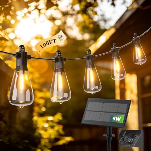 100FT Solar String Lights Outdoor Waterproof IP65 with USB-Charging , Solar Powered LED Patio Lights with 50+2 Shatterproof ST38 Edison Bulbs, Hanging Lights for Outside Backyard Garden Bistro Gazebo - size: Solar-100FT