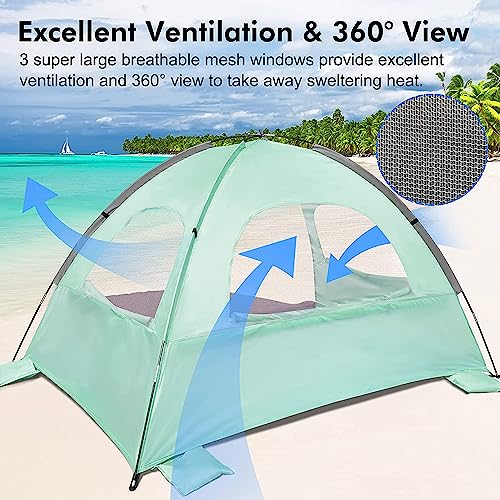 WhiteFang Beach Tent Anti-UV Portable Sun Shade Shelter for 3/4/6/8 Person, Extendable Floor with 3 Ventilating Mesh Windows Plus Carrying Bag, Stakes and Guy Lines - color: Mint Green, size: 6 Person