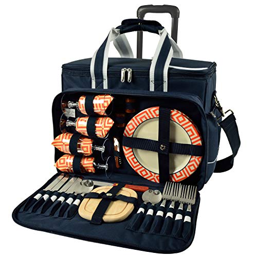 Picnic at Ascot- Original Insulated Picnic Cooler on Wheels with Service for 4- Designed & Assembled in The USA - color: Navy/Orange