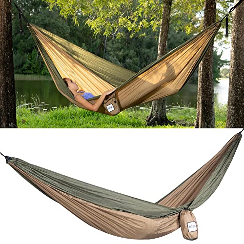 ecox Outdoors Parachute Hammock Single with 2 Tree Straps, Portable Lightweight Nylon Comfortable for Backpacking, Camping, Travel, Beach, Backyard, Patio, Hiking - color: Green-brown
