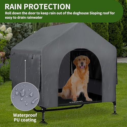 Summertrail 42" Large Dog House Outdoor Indoor with Breathable Mesh Windows-Elevated Dog Bed Cot Dog Tent Shade Shelter for Large Breeds with Canopy, Weatherproof Dog Kennel for Outside, Easy Clean - style: 42" Grey