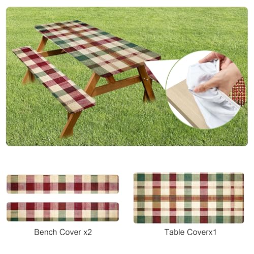 ANNA QUEEN Classic Plaid Picnic 6FT Picnic Table Cover with Bench Covers Set of 3 with Drawstring Bag, Checkered 72"x30" Waterproof Picnic Tablecloth & Bench Covers for Outdoor BBQ - color: #56