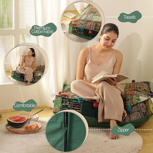 THE ART BOX Cotton Patchwork Vintage Boho Embroidered Floor Pillows & Cushion Cover Dog Pouf Seating Pouf Meditation Pillow Pet Bedding Cat Bed Boho Home Décor (35x35 Inches, Cover Only) - color: Dark Green