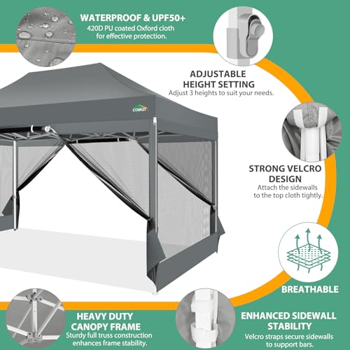 COBIZI 10x15 Heavy Duty Pop up Canopy with 4 Sidewalls, Canopy Tent with Mosquito Netting, Easy up Screen Party Tents for Parties Wedding Patio Backyard Commercial Gazebo with Handbag, Gray - color: Gray, size: 10x15ft(standard)