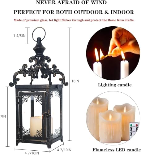 Candle Lantern Decorative Indoor & Outdoor, Large Vintage Metal Hanging/Tabletop Lanterns for Patio, Front Porch, Rustic Home Decor, Candle Holders for Christmas Decorations (Bronze) - color: Black / 16'' / 1 Pc