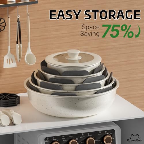 23 Pcs Pots and Pans Set Non Stick, Ceramic Cookware Set Non Toxic with Detachable Handles, Healthy Induction Cookware Oven Safe RV Kitchen Set, PFAS PFOA & PTFE Free, Cream White - size: 23pcs