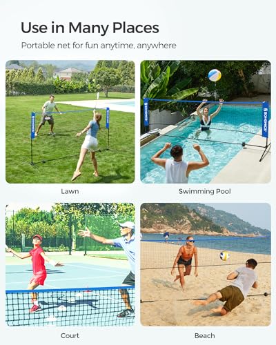 SONGMICS Badminton Net, Height Adjustable Volleyball Net, Pickleball Net for Junior Tennis, Kids, Indoor Outdoor Court, Foldable Nylon Net with Poles 10ft/13ft/16.5ft Wide - color: Blue, size: 10FT