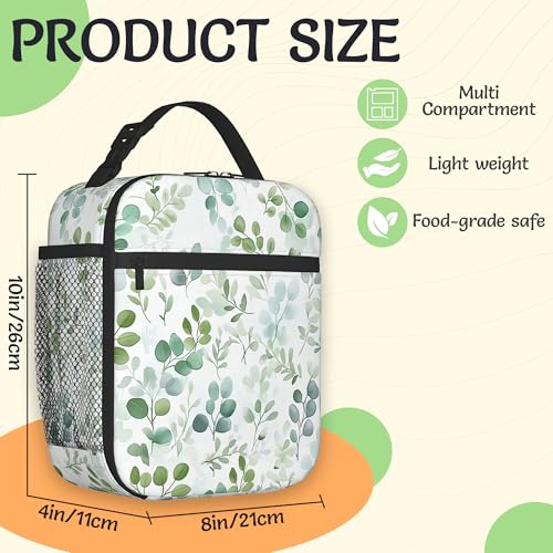 Insulated Small Lunch Box,Eucalyptus Leaves Reusable Lunch Bag for Kids Adult Women,Watercolor Green Leaf Large Capacity Portable Thermal Bag with Mutiple Pockets for School,Work,Picnic - color: Eucalyptus Leaves