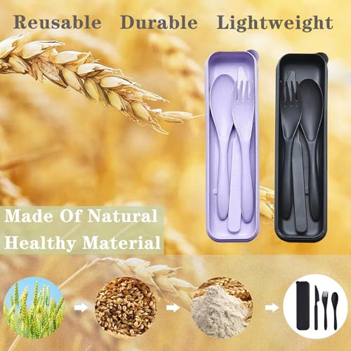 Reusable Travel Utensils Set with Case, 2 Sets Wheat Straw Portable Plastic Fork Spoons Knife Cutlery, Camping Eco-Friendly BPA Free Tableware for Kids Adults Work Picnic or Daily Use (Black+Purple) - color: Black+Purple
