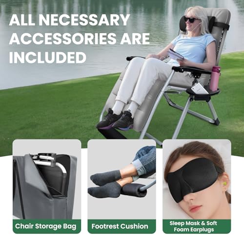 Oversized Zero Gravity Chair, XL Lounge Chair 29” Width, Padded Reclining Camping Chair W/Removable Cushion & Adj Headrest, Storage Bag, Footrest Cushion, Cup Holder, for Indoor Outdoor, Gray - color: 29in - Grey