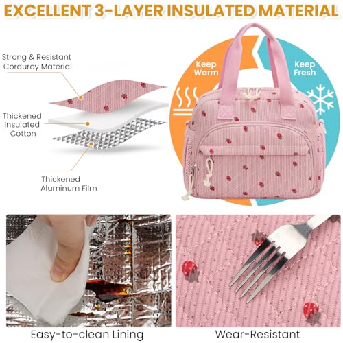ELONGRIVER Corduroy Insulated Lunch Bag for Women Teen Girls, Portable Adult Lunch Box, Reusable Tote Cooler Bags, Lightweight Womens Lunch Bags with Front Pockets Work Picnic Travel, Pink Strawberry - color: Pink Strawberry