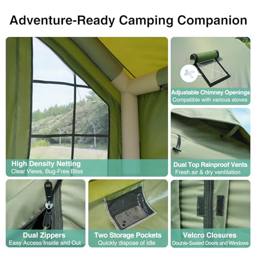 KNUO Inflatable Camping Tent, Large Blow-Up Air Tent, No Assembly Needed Luxury Glamping House, Oxford Fabric - color: Field Green-Dual-layer Doors, size: 12x12ft