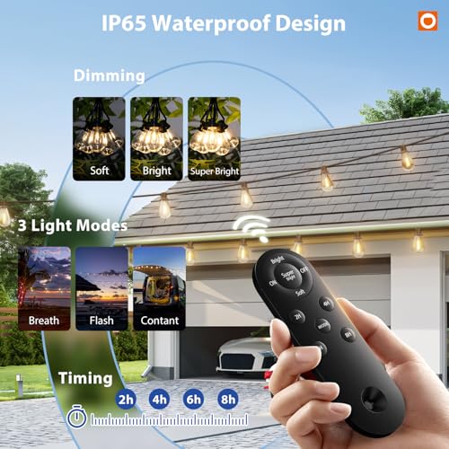 addlon 102FT(96FT+6) Solar String Lights Outdoor Waterproof with USB Port & Remote Control Solar Patio Lights for Outside Solar Powered with 52 LED Dimmable Bulbs for Porch Garden Deck Halloween - size: 96+6FT(48 Sockets)