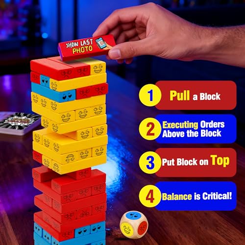 Tumble Tower Blocks Party Game,121PC Wooden Stacking Game,60 Blocks,60 Cards,1 Dice,Thousands of Hilarious Combos,Classic Tower Stack Games for Family Night Party Wood Block Games with Storage Bag