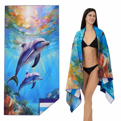Microfiber Extra Large, Oversized Blue White Striped Beach Towels (70''x35''), Soft&Lightweight 2 Pack XL Quick Dry Cute Dolphin Towel for Adults & Women，Sand Free for Pool,Spa,Swim,Travel - color: Two Dolphin 2 Pack