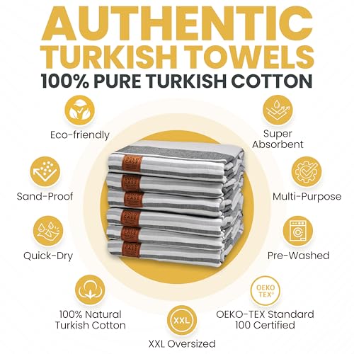 Gold CASE Turkish Beach Towel Set of 6 – 100% Cotton Large Turkish Bath Towels 70 x 38'' – OLYMPOS Oversized, Quick Dry & Sand Free Beach Towel – Lightweight Towels Set - Black - color: Olympos-black, style: Beach-Bath Towel Set