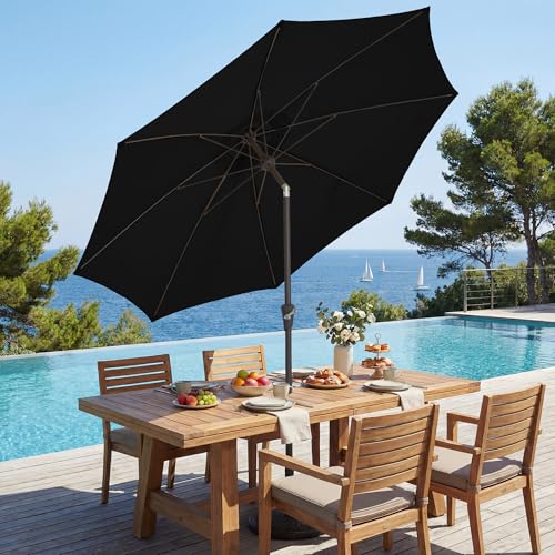 JEAREY 9FT Outdoor Patio Umbrella,Market Table Umbrella with 8 Fiberglass Ribs, Pool Umbrella with Tilt and Crank, UV Protection Lightweight & Wind-Resistant for Lawn, Garden, Deck and Backyard, Black - color: Black