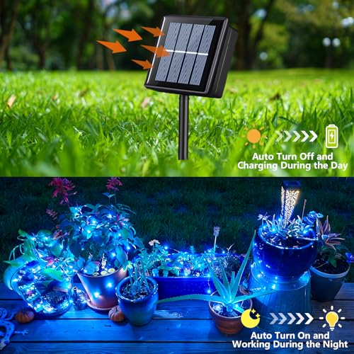 YEGUO 4 Pack Blue Solar Fairy Lights, Each 33ft 100 LED Christmas Lights Outdoor Waterproof, 8 Modes Sliver Wire Solar String Lights - color: Blue
