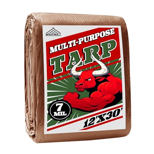 Tarp 12x30 ft 100% Waterproof 7mil Durable Grommets and Reinforced Edges,Uv Resistant,Green/Brown Tarp,Emergency Rain Shelter,Outdoor Cover and Camping Use -by MVPNET - size: 12x30