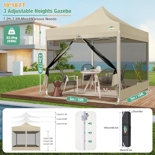 COBIZI 10x10 Canopy Tent, Heavy Duty Pop up Canopy with Sidewalls, Waterproof Easy Setup Canopy with Mosquito Netting, Outdoor Instant Screen Tents for Parties, Wedding, Backyard with Carry Bag, Khaki - color: Khaki, size: 10x10ft