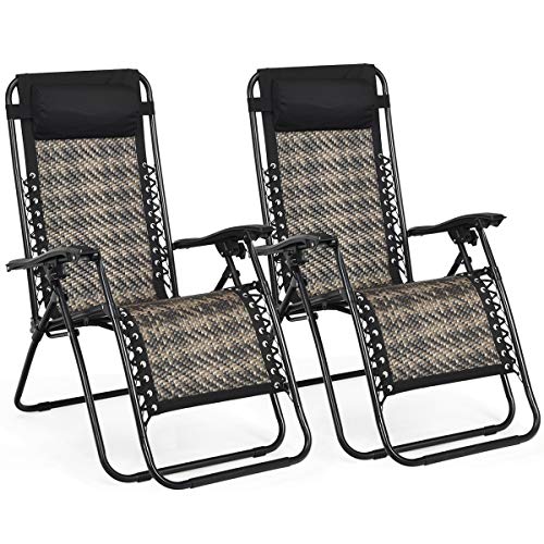 COSTWAY 2PCS Zero Gravity Lounge Chairs, Patio Rattan Recliner with Pillow, Lockable, Foldable & Lightweight, Suitable for Outdoor Use (Mix Gray) - color: Mix Gray