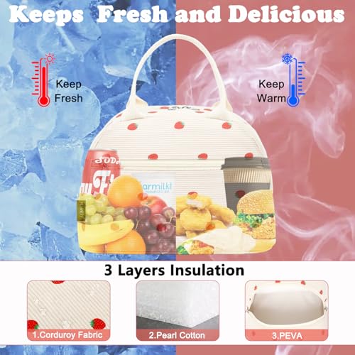 FlowFly Insulated Lunch Bag for Women – Corduroy Lunch Tote Box, Cute Cooler Bag for Work, Travel, Picnic, Corduroy Strawberries Beige - color: Corduroy Strawberries Beige