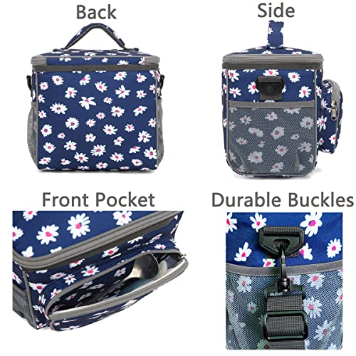 FlowFly Insulated Reusable Lunch Bag Adult Large Lunch Box for Women and Men with Adjustable Shoulder Strap,Front Zipper Pocket and Dual Large Mesh Side Pockets,Daisy - color: Daisy