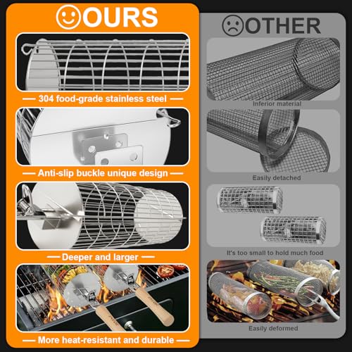 TNTOR Rolling Grill Basket, Larger 304 Stainless Steel Nesting Grilling Net, Removable Handle, BBQ Accessories Tools for Veg Shrimp, Outdoor Cooking Camping grilling gifts for men Dad Husband