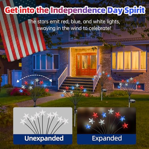 Lewondr 4th of July Decorations Solar Garden Lights, Fourth of July Red White and Blue Light Solar Lights Outdoor, Waterproof Patriotic Decor with 9 LED 2 Lighting Modes for Independence Day, 4 Pack - size: 4 Pack, style: Transparent Star