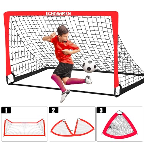 Kids Soccer Goals for Backyard, 2 of 6 x 4 ft Kids Soccer Goal Set Soccer Net with 10 Soccer Cones, Agility Ladder & Carry Bag, Portable Soccer Training Equipment. - color: Red