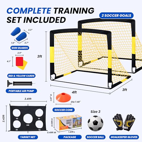Pop Up Soccer Goals Set of 2, Kids Soccer Goal, 4x3 ft Portable Soccer Goal for Kids, Soccer Net for Backyard with Carry Bag, Small Foldable Indoor Outdoor Training Equipment for Toddlers and Youth.