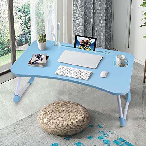Slendor Lap Desk with Cup Holder, Foldable Laptop Table for Bed, Portable Bed Desk for Laptop and Writing, Computer Tray with Tablet Slot, Notebook Stand Reading Holder for Couch Sofa Floor,Blue - color: Blue