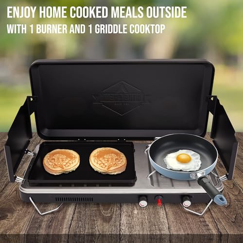 Hike Crew 2-in-1 Gas Camping Stove and Griddle, Portable Propane Burner w/Integrated Igniter & Stainless Drip Tray | Built-in Carrying Handle, Foldable Legs & Wind Panels | Includes Regulator - color: Black