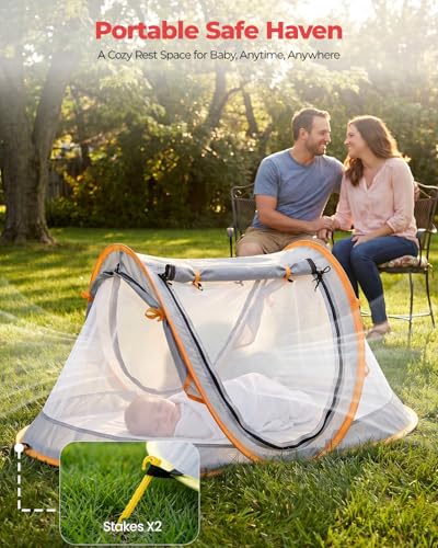 Poray Portable Baby Beach Tent with UPF 50+ Sun Shelter,Mosquito Net and Sunshade, Ideal Pop Up Kids Travel Tent with Carry Bag & 2 Stakes,Outdoor Indoor Play and Sun Protection - style: Vibrant Orange