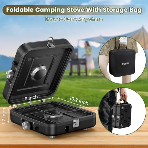 OGERY 2-Burner Foldable Camping Stove with Griddle (Textured & Smooth) and Carrying Bag, Portable Propane Camp Stove with 2 Adjustable Burners & Piezo Ignition, for Camping Tailgating Essentials Gear - color: Black
